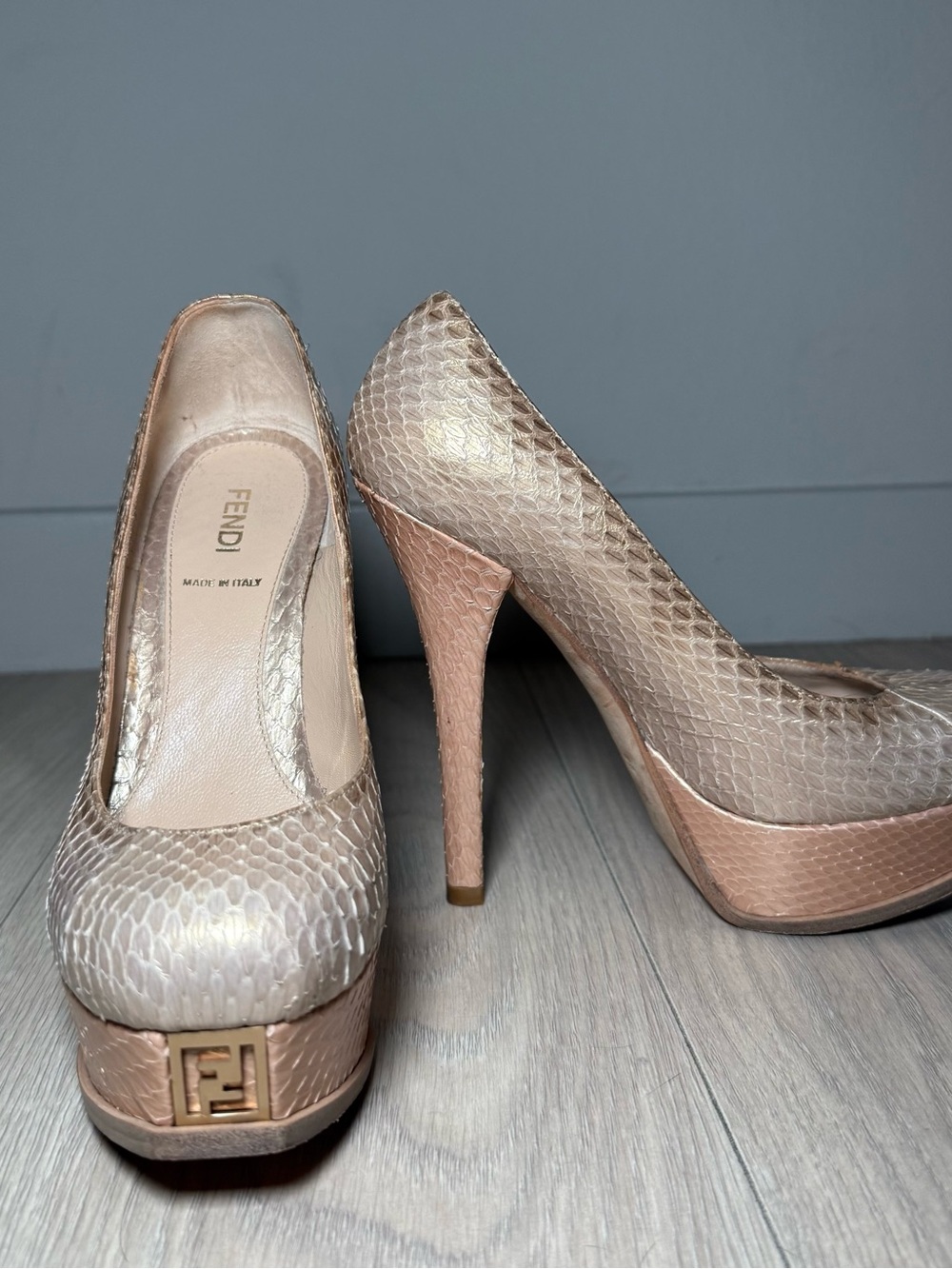 2000s Fendi Metallic Nude Python Platform Pumps